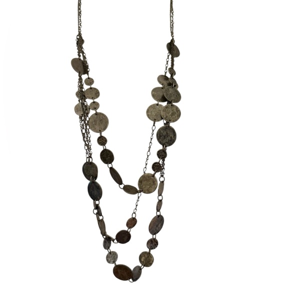 Vintage Look Silver Round Circle Coin and Chain Multi Strand Long Necklace - Picture 2 of 10